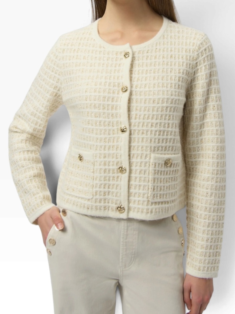 Joseph Ribkoff Cream with Gold and Mini Sequins Grid Textured Lady Cardigan M